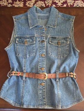 Classic Blue Denim Sleeveless Vest with Brown Belt